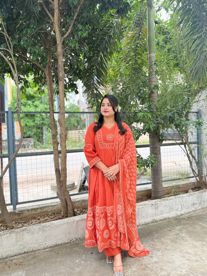 elegant rust cotton kurta set with mirror & sequin hand detailing