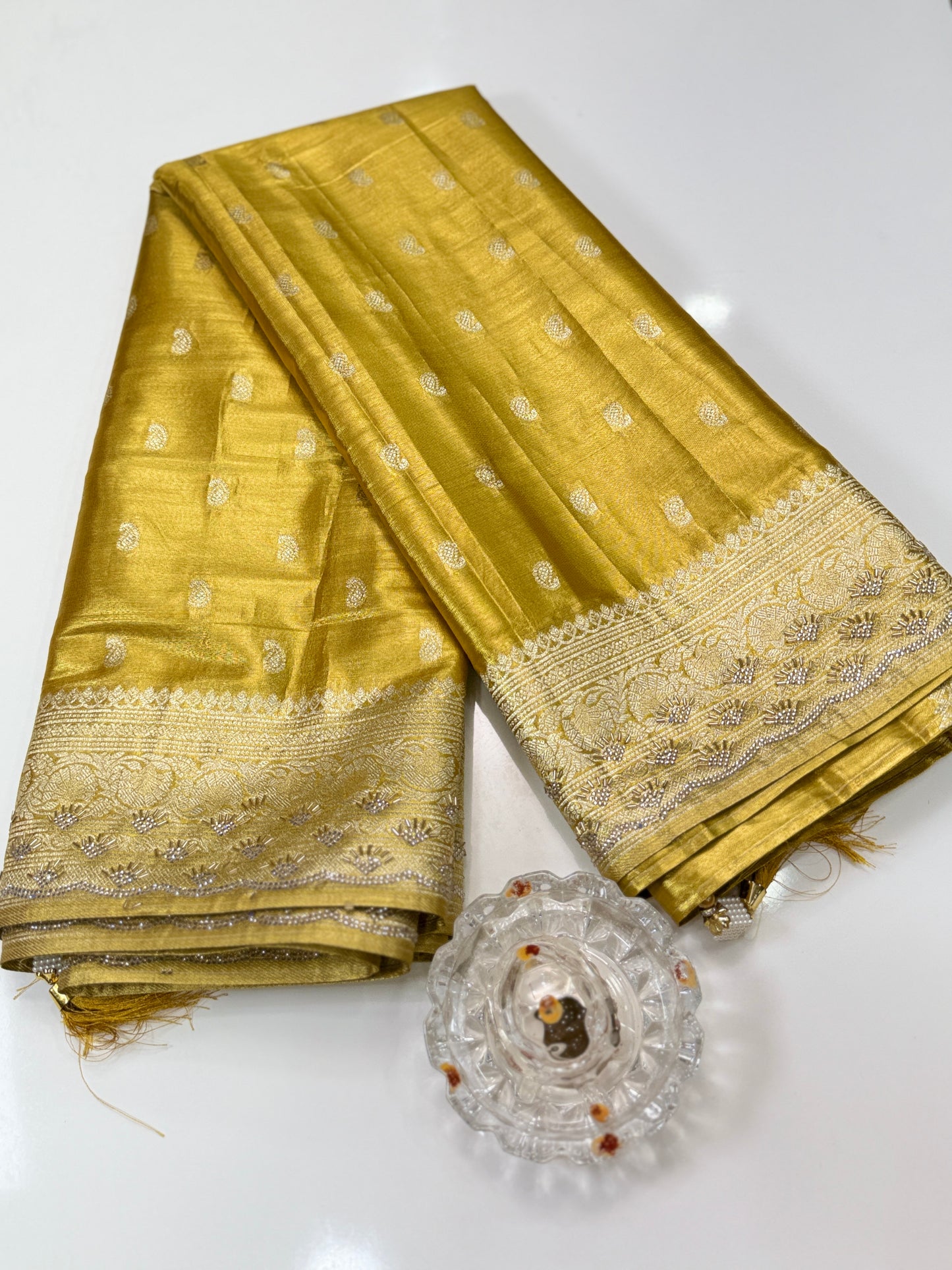 Rich Tissue Silk Saree with Heavy Zari Weaving and Ornate Border for Women
