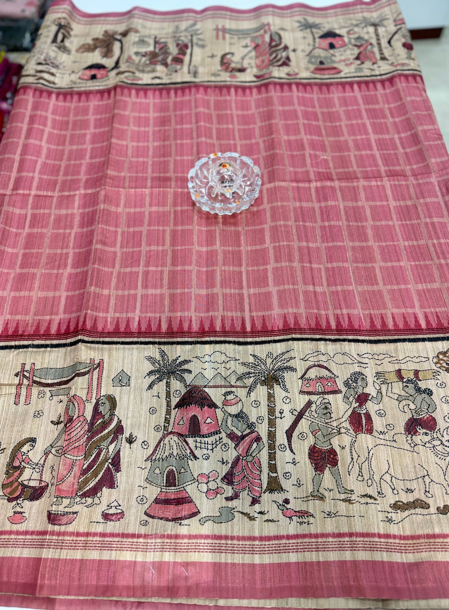 Spider Silk Saree with Folk Art Print Border and Tassel Pallu