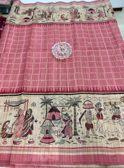 Spider Silk Saree with Folk Art Print Border and Tassel Pallu