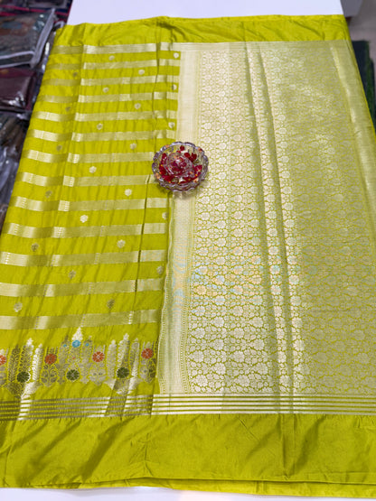 Banarasi Semi Katan Silk Saree with Meenakari Satin Border and Gold Zari Weaving – Traditional Festive Saree for Women