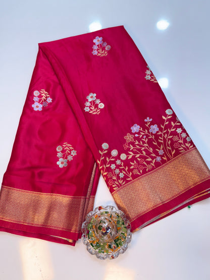 Mashru silk saree with floral zari weaving and blouse piece for women