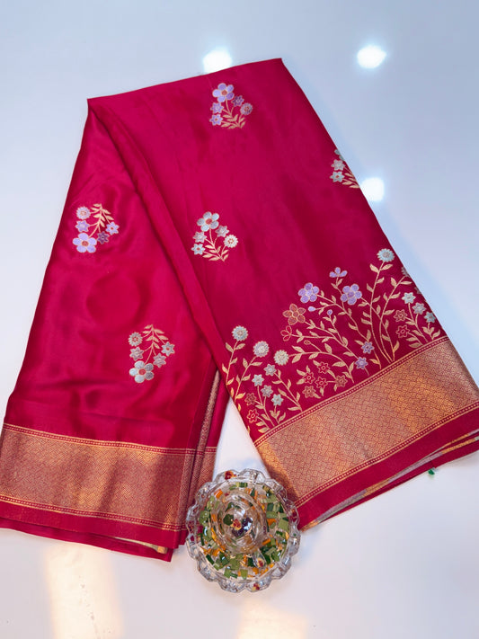 Mashru silk saree with floral zari weaving and blouse piece for women