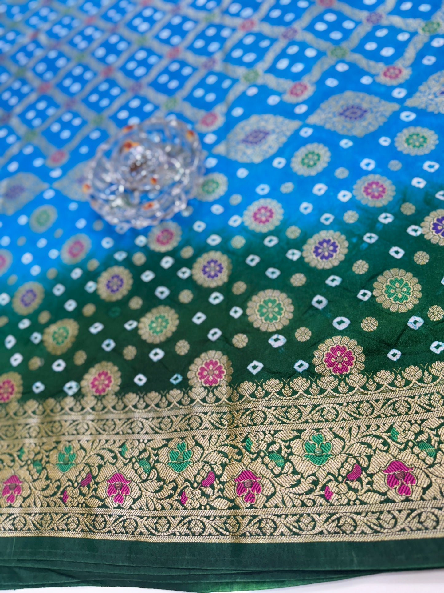 Banarasi dupiyan bandhani saree with semi-weaving neemjari work and hand chunri
