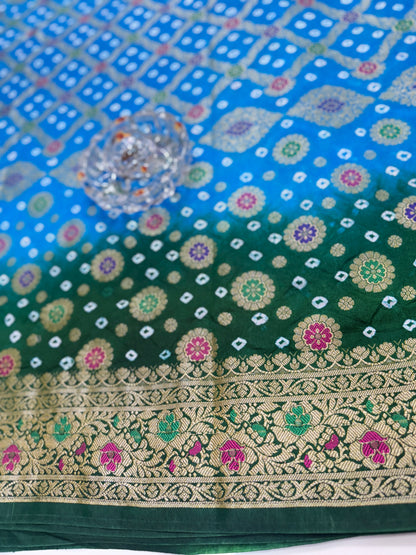 Banarasi dupiyan bandhani saree with semi-weaving neemjari work and hand chunri