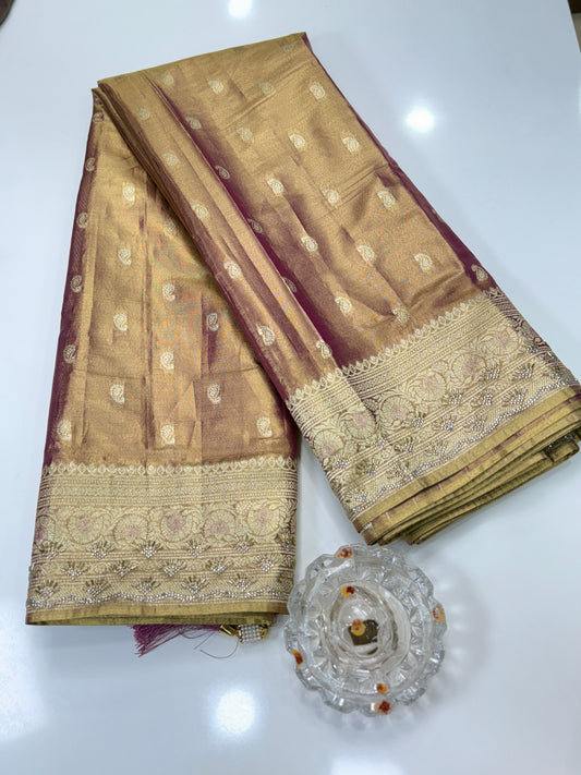 Rich Tissue Silk Saree with Heavy Zari Weaving and Ornate Border for Women