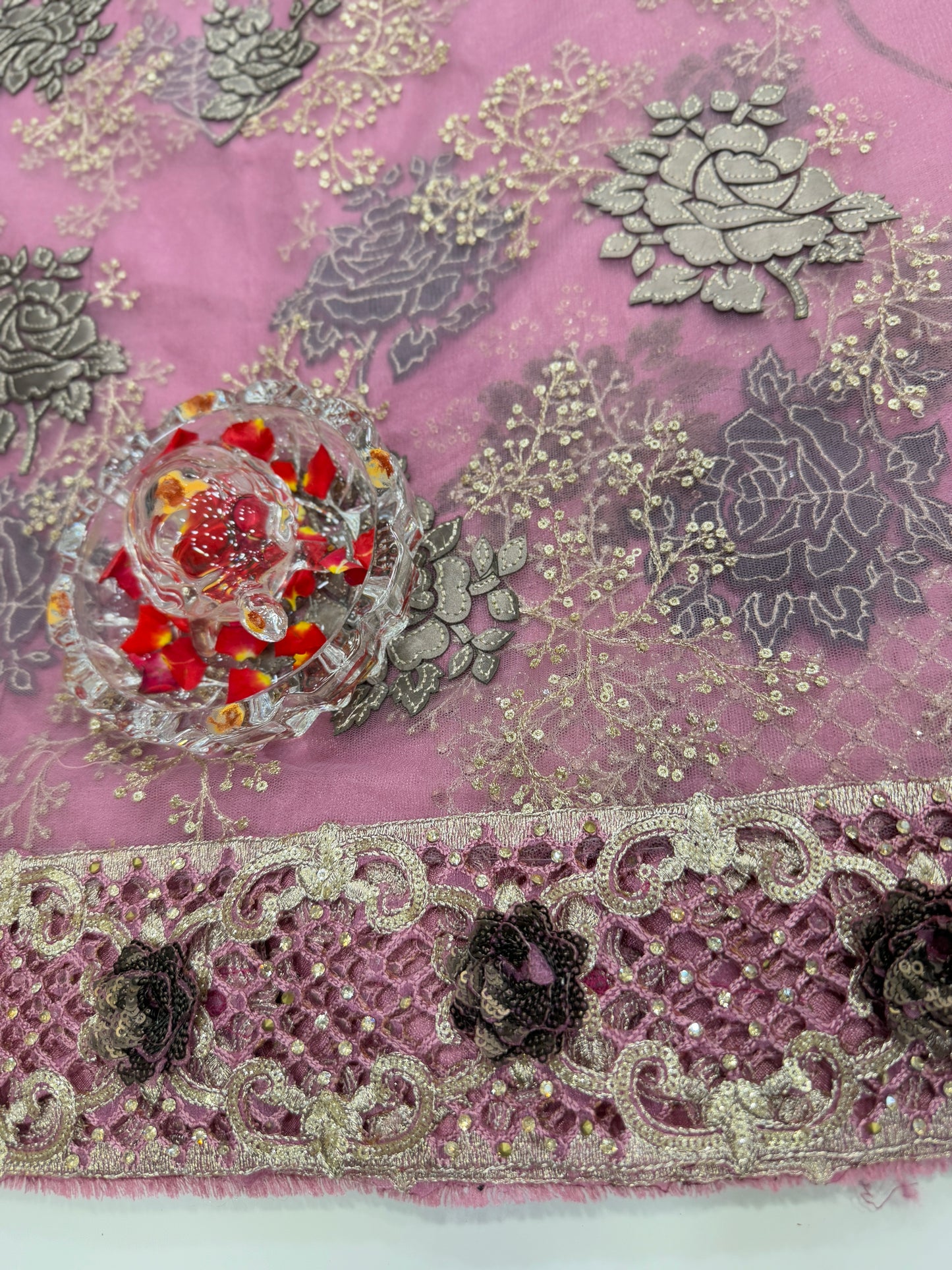 Lilac Sequin Embroidered Saree for Women – Fancy Designer Fabric with Floral Lace Border