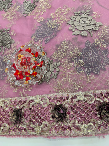 Lilac Sequin Embroidered Saree for Women – Fancy Designer Fabric with Floral Lace Border