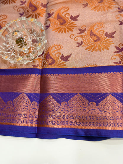 Bridal tissue saree for women with woven zari work and contrast border, kanchipuram style powerloom saree with blouse fabric