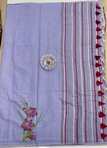 Lavender blue woven viscose saree in kora silk style with tassel pallu and embroidered blouse fabric