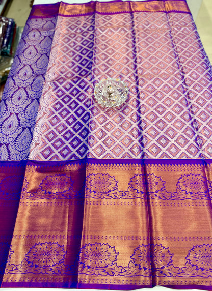 Bridal tissue saree for women with woven zari work and contrast border, kanchipuram style powerloom saree with blouse fabric