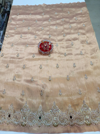 Pink Pure Ziraf Silk Saree with Jari, Moti, Cut Dana & Emerald Heavy Work – Bridal Designer Saree for Women