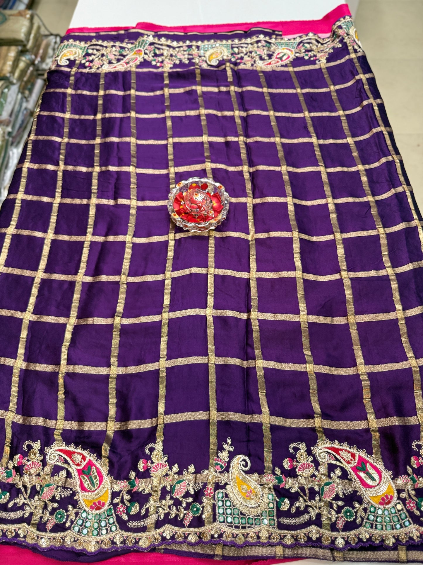 Purple Pure Gajji Silk Saree with Zari, Thread, Moti, Cut Dana & Mirror Heavy Work – Bridal and Festive Wear Saree for Women