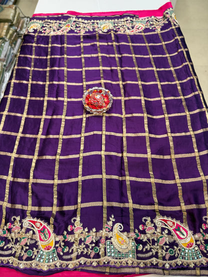 Purple Pure Gajji Silk Saree with Zari, Thread, Moti, Cut Dana & Mirror Heavy Work – Bridal and Festive Wear Saree for Women