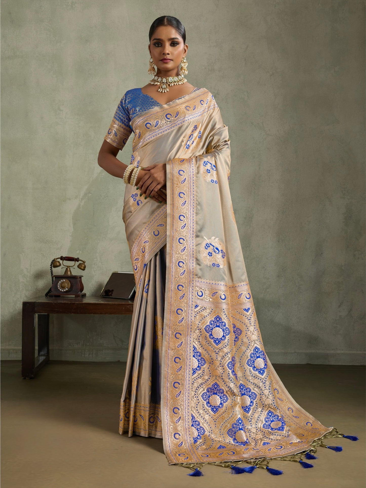 Satin Silk Saree with Zari Weaving and Meenakari Pallu for Women