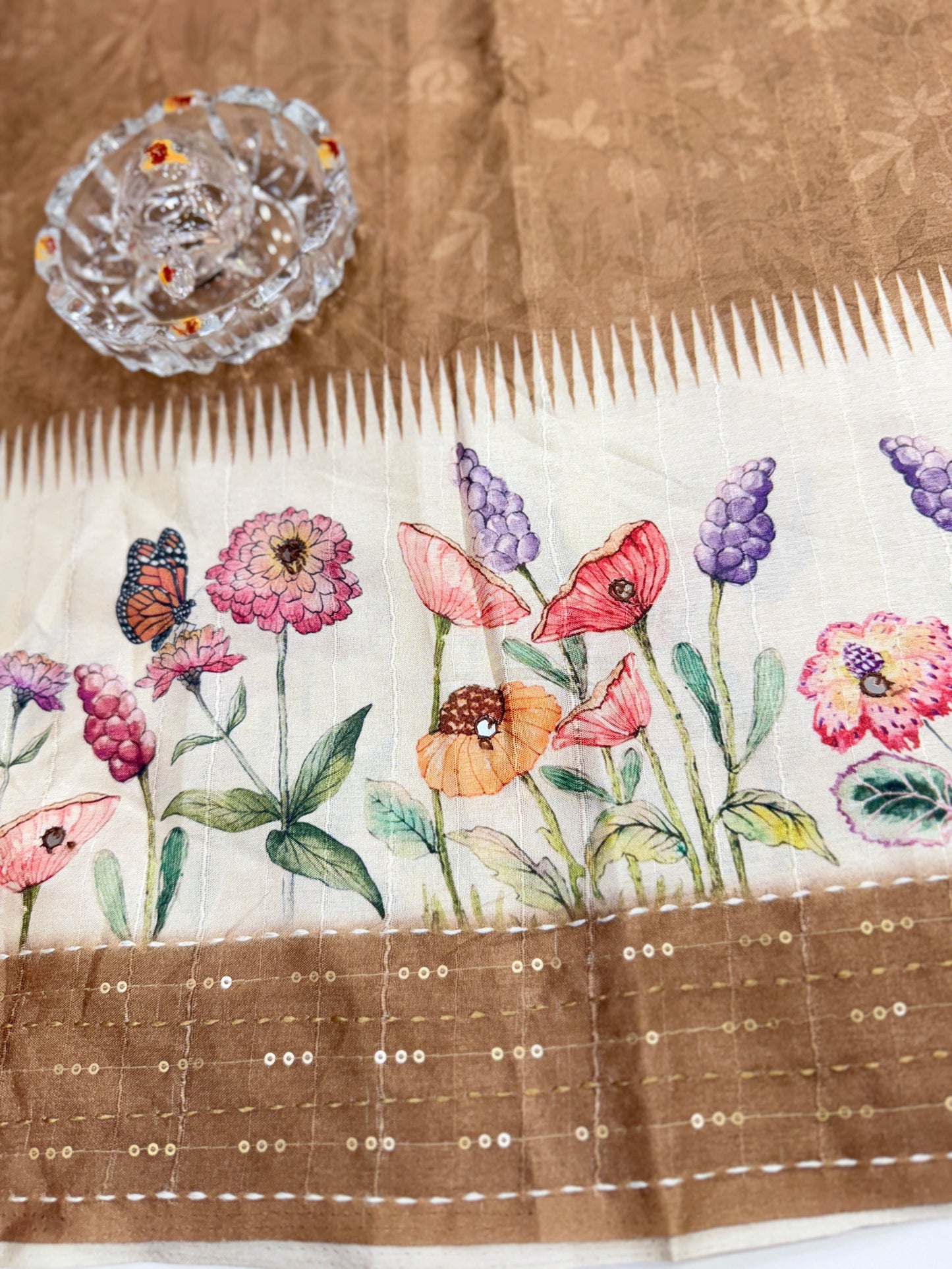 Tussar Fabric Saree with Katha Print Border, Mirror Work and Matching Blouse