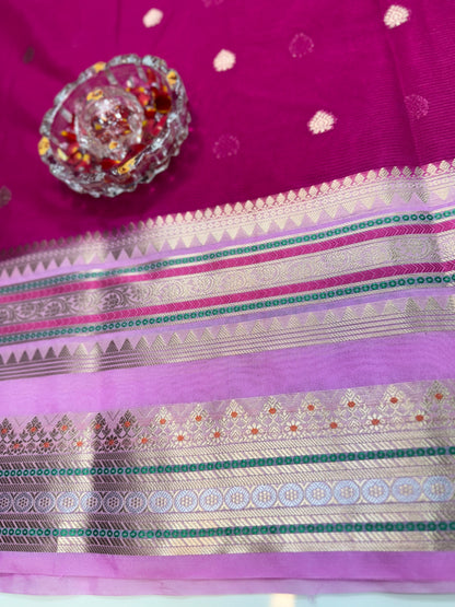 Banarasi Semi-Georgette Silk Saree with Gold Zari Weaving and Meenakari Border – Traditional Festive Saree for Women