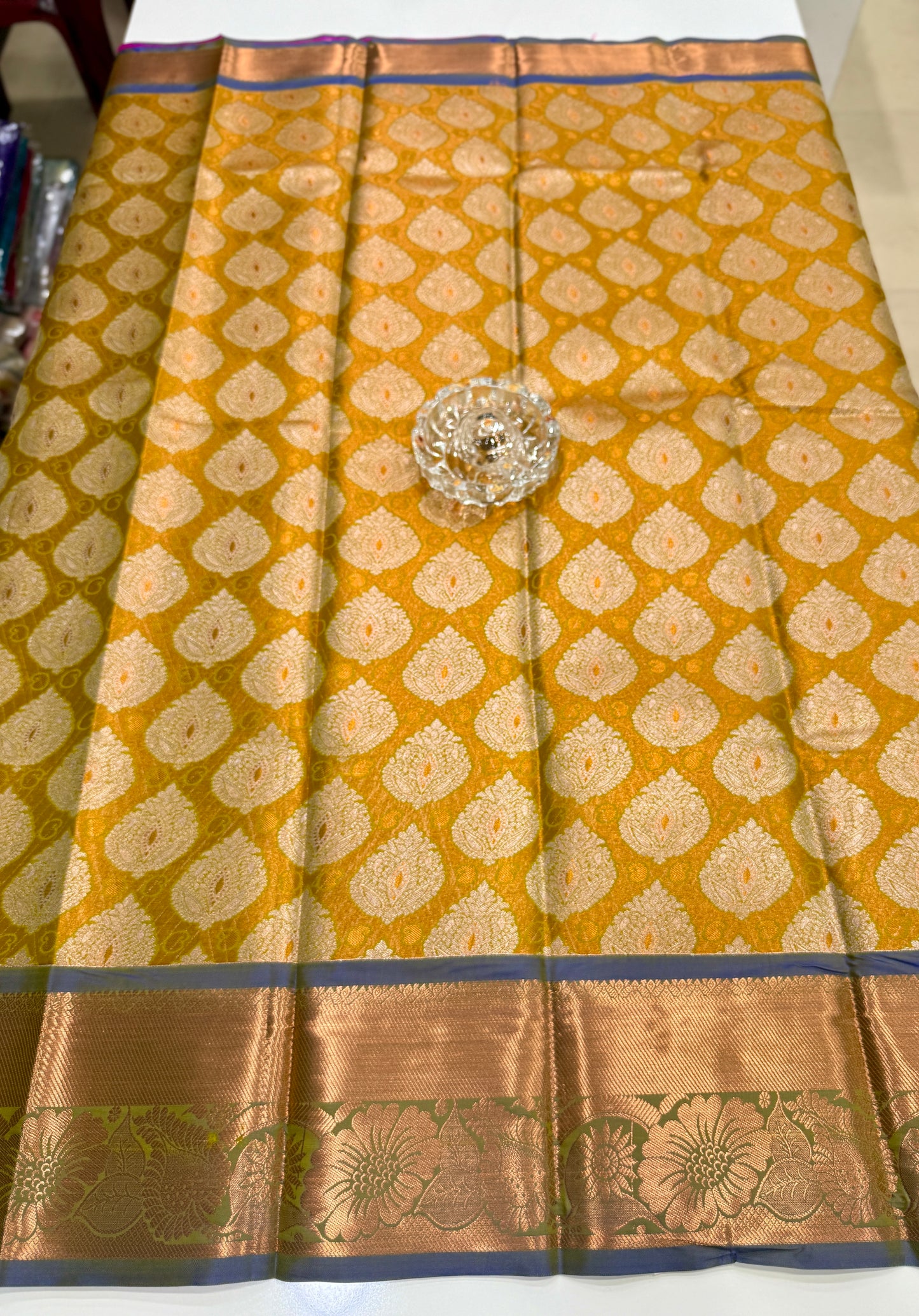 Bridal tissue saree for women with woven zari work and contrast border, kanchipuram style powerloom saree with blouse fabric