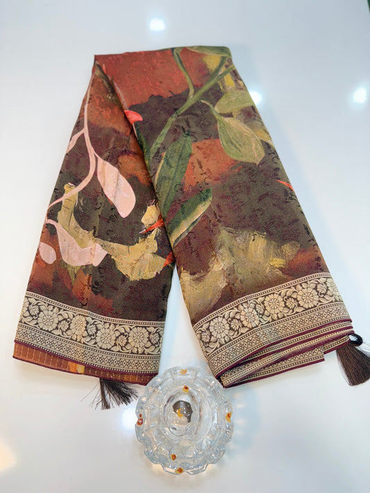 Tissue Zari Silk Saree with Digital Print and Woven Border – Premium Festive and Wedding Saree for Women