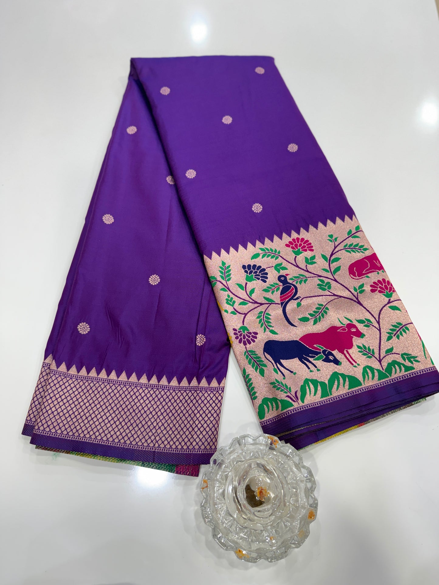 Paithani printed soft silk saree with zari-style border and contrast blouse for women