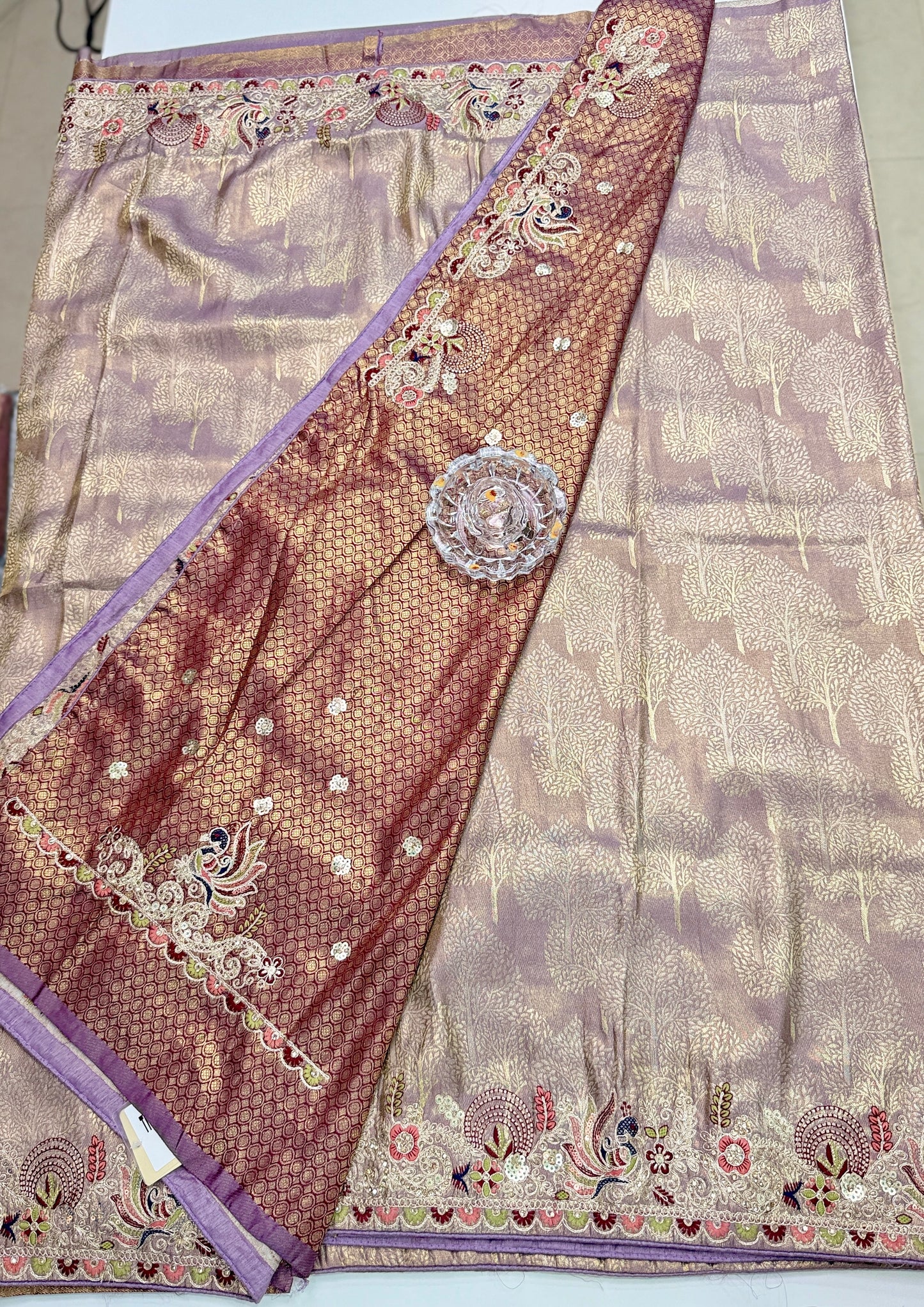 Tissue Silk Saree with Embroidery, Sequin, and Mirror Work Border – Festive Saree for Women