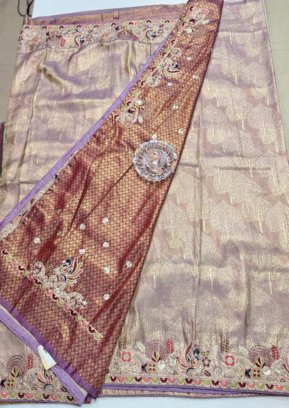 Tissue Silk Saree with Embroidery, Sequin, and Mirror Work Border – Festive Saree for Women