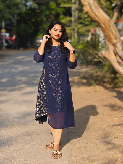 Navy Blue American Crepe Foil A-Line Kurta 4367