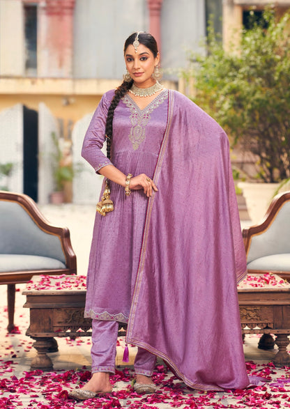 Silk Three-Piece Suit Set with Fancy Work and Ivory Print for Women – Sizes XL to 3XL
