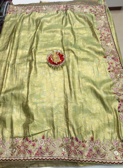 Tissue Silk Saree with Embroidery, Sequin, and Mirror Work Border – Festive Saree for Women