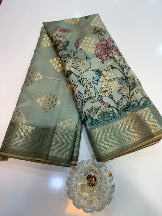 Bamboo Silk Floral Printed Saree with Rich Decorative Pallu, Rich Floral Kalamkari Style Prints