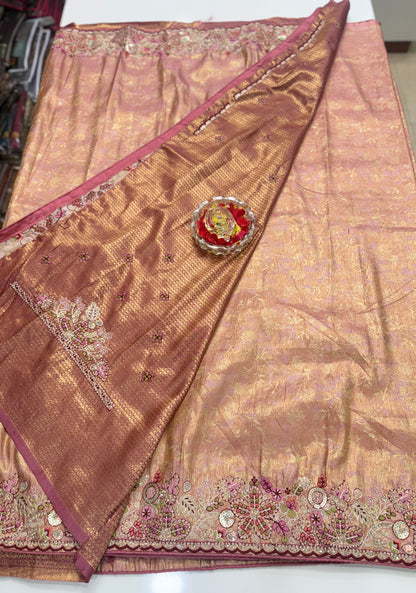 Tissue Silk Saree with Embroidery, Sequin, and Mirror Work Border – Festive Saree for Women