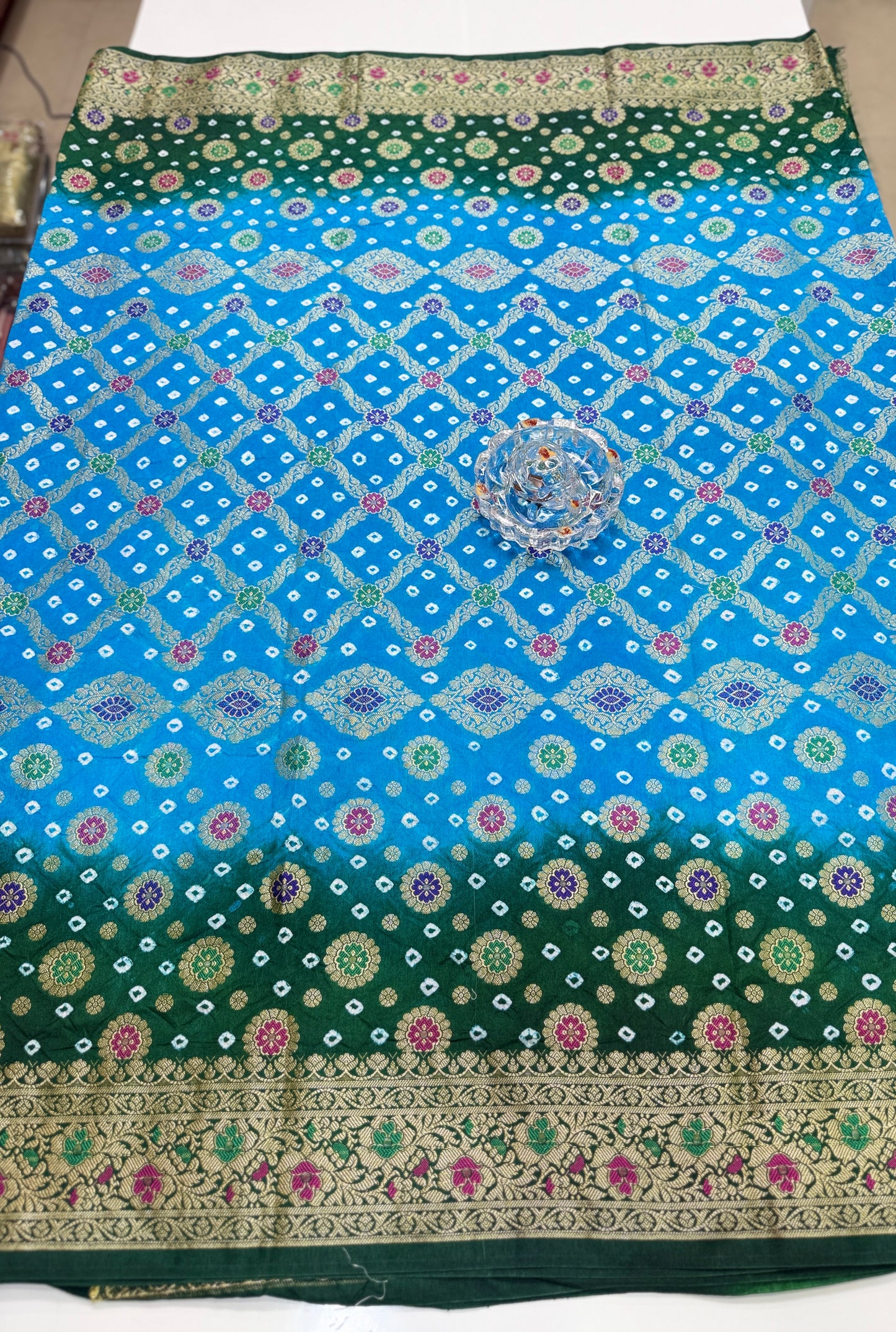 Banarasi dupiyan bandhani saree with semi-weaving neemjari work and hand chunri