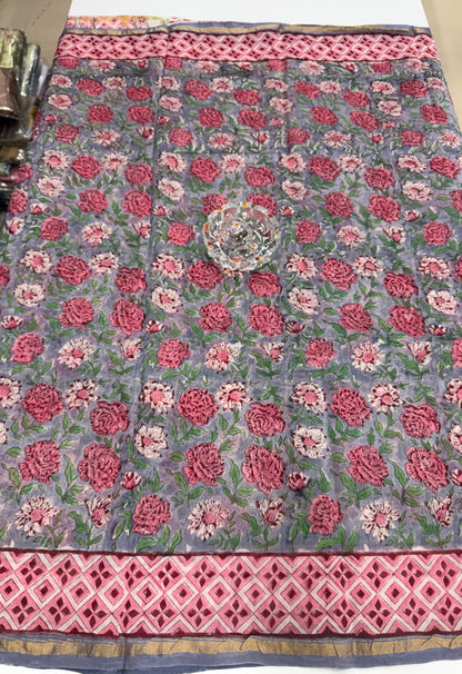 Pure Chanderi Silk Saree with Intricate Handblock Print and Blouse Piece – Traditional Wear for Women