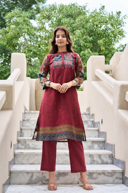 Printed Cotton Kurta Pant Set with Yoke Embroidery – Elegant Daily and Festive Wear for Women
