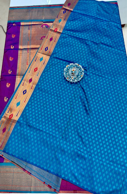 Paithani Soft Silk Saree with Zari Weaving and Contrast Blouse