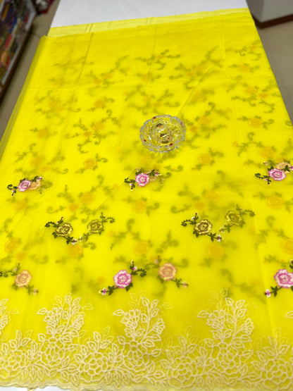 Kora Banarasi Saree with Floral Embroidery and Woven Border – Lightweight Festive Wear