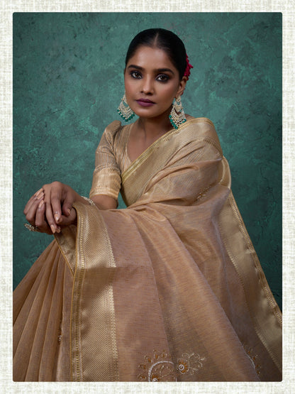 linen tissue saree with handwork motifs, lace detailing, and designer blouse – lightweight ethnic wear for women