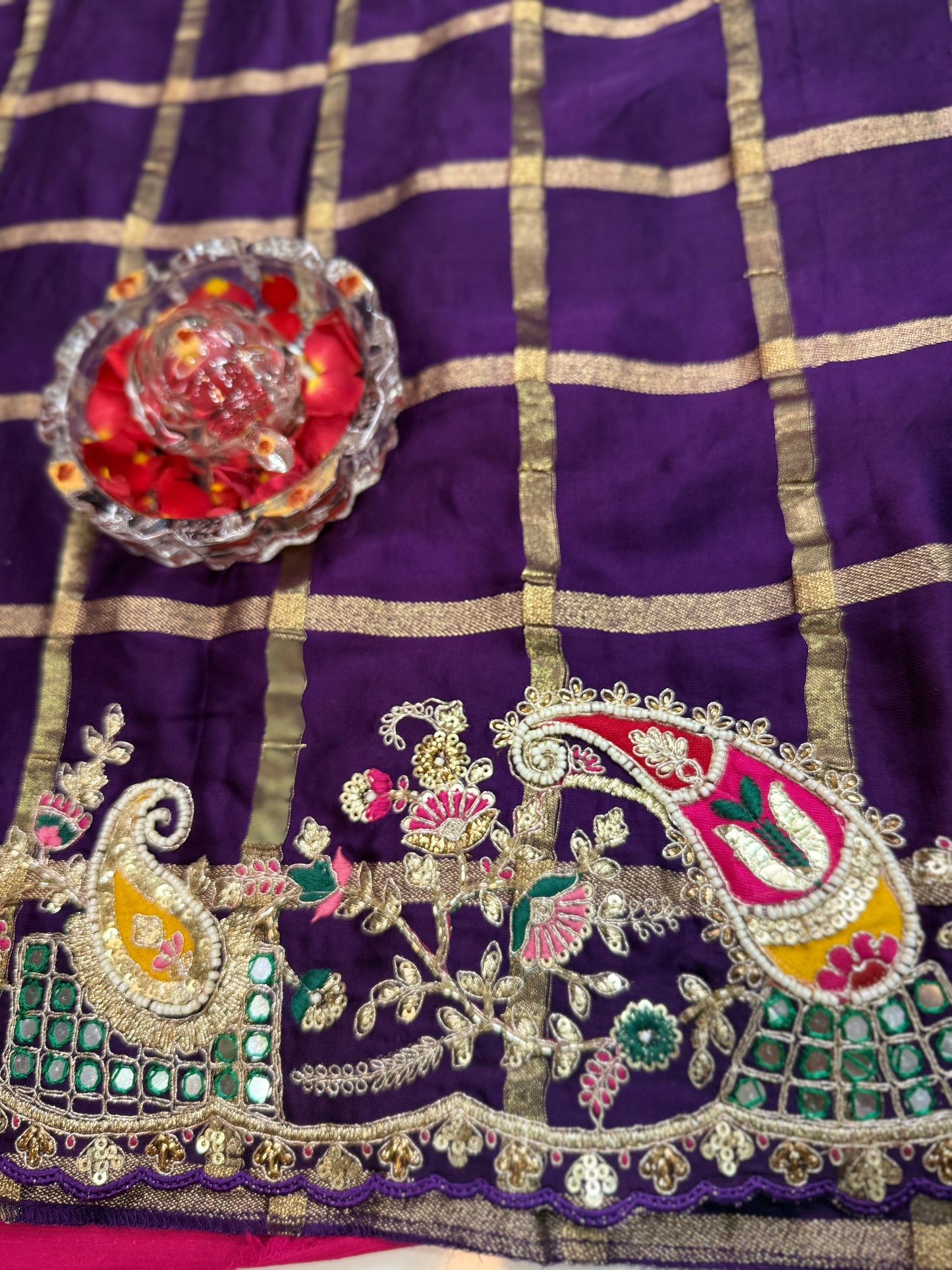 Purple Pure Gajji Silk Saree with Zari, Thread, Moti, Cut Dana & Mirror Heavy Work – Bridal and Festive Wear Saree for Women