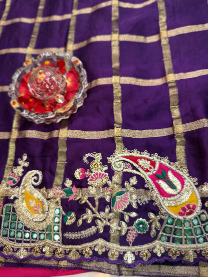 Purple Pure Gajji Silk Saree with Zari, Thread, Moti, Cut Dana & Mirror Heavy Work – Bridal and Festive Wear Saree for Women