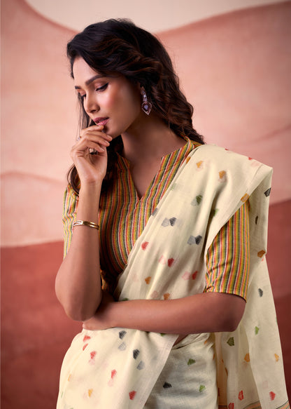 linen silk printed saree with geometric pallu and multicolor motifs – ethnic wear for women