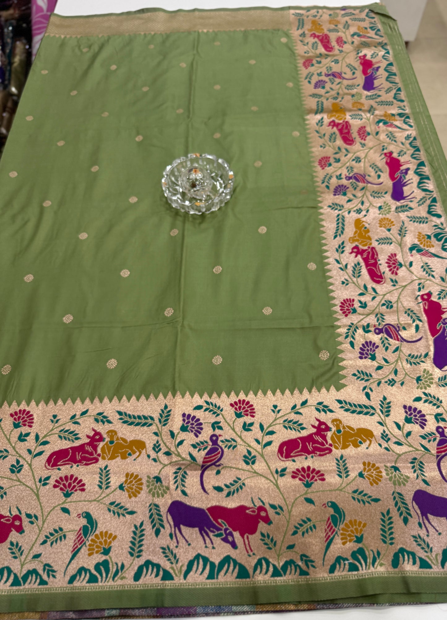 Paithani printed soft silk saree with zari-style border and contrast blouse for women