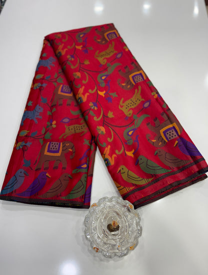 Soft silk printed saree with multicolour ethnic motifs and contrast blouse piece