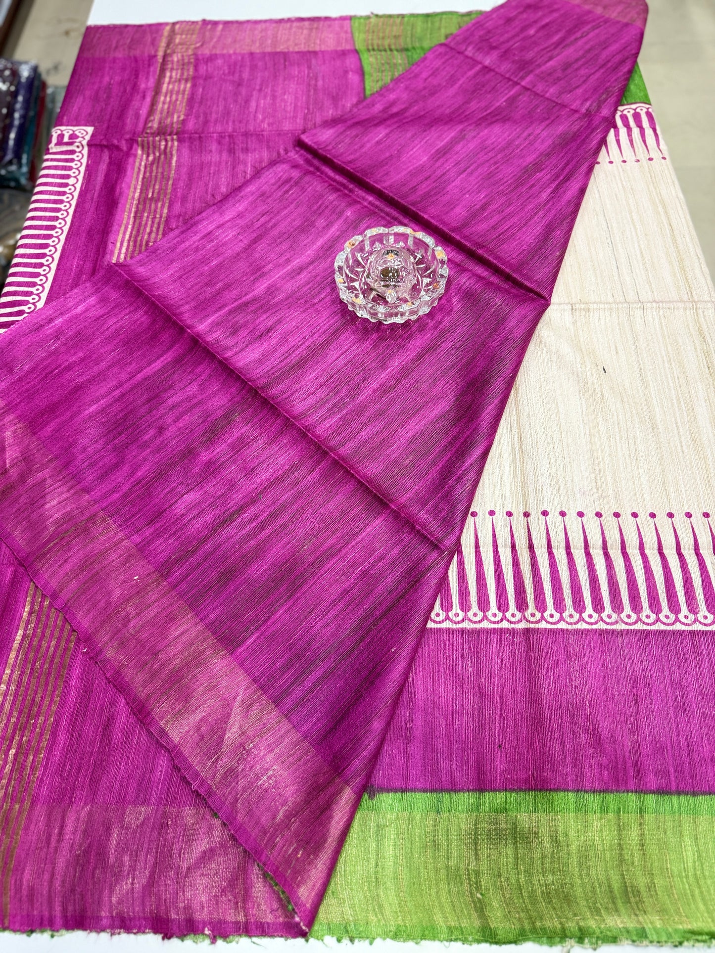 Pure Tussar Ghicha Silk Saree with Zari Border and Printed Design – Silk Mark Certified Handloom Saree