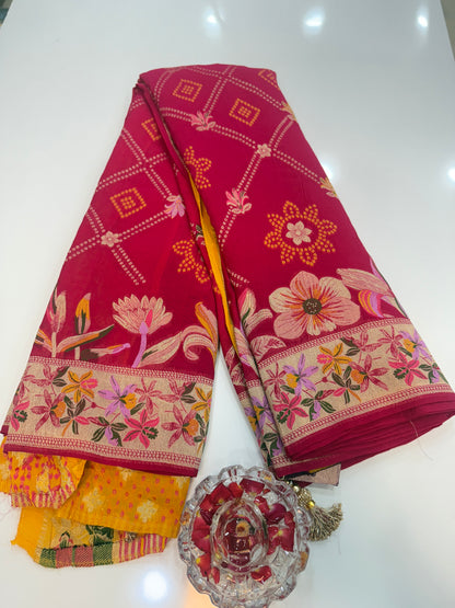 Pure Kaddi Georgette Zari Weaving Saree in Fuchsia Pink with Floral Jaal and Heavy Pallu – Festive and Wedding Wear Saree for Women