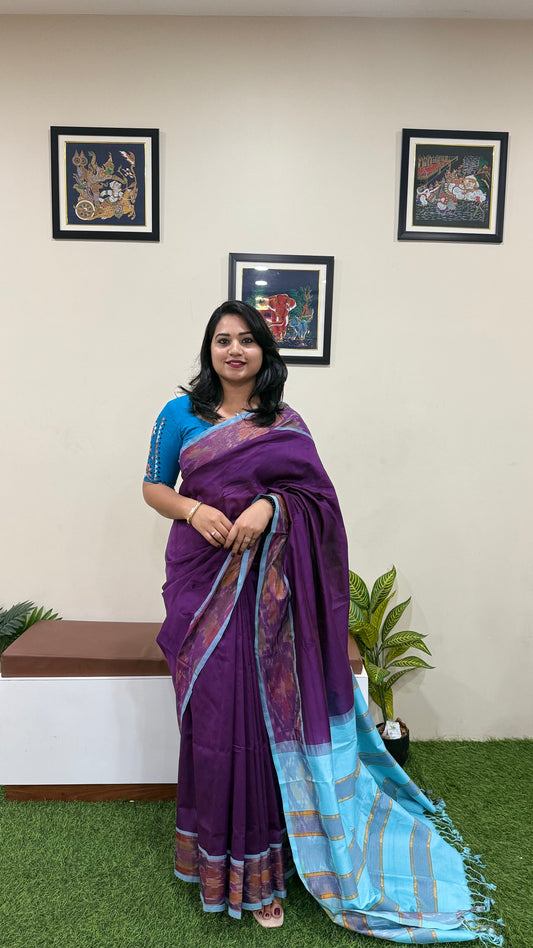 Venkatagiri Silk Cotton Saree with Zari Pochampally Border, Contrast Pallu and Blouse for Women