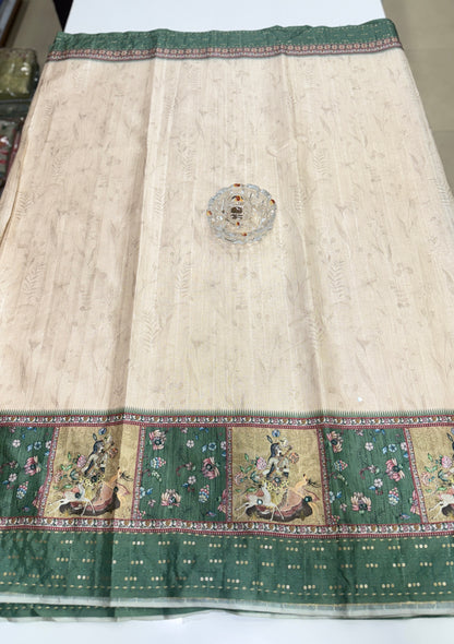 Tussar Fabric Saree with Katha Print Border, Mirror Work and Matching Blouse