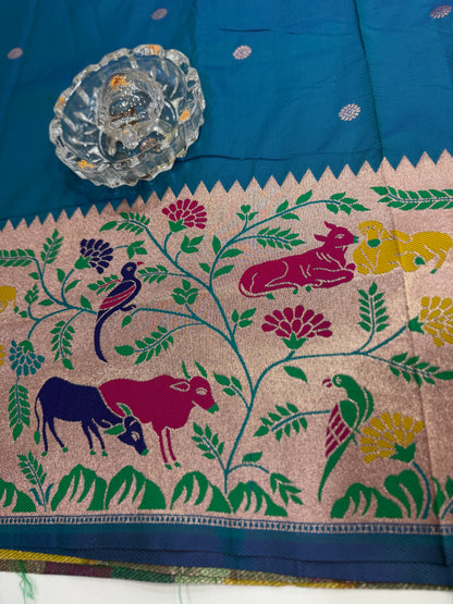 Paithani printed soft silk saree with zari-style border and contrast blouse for women