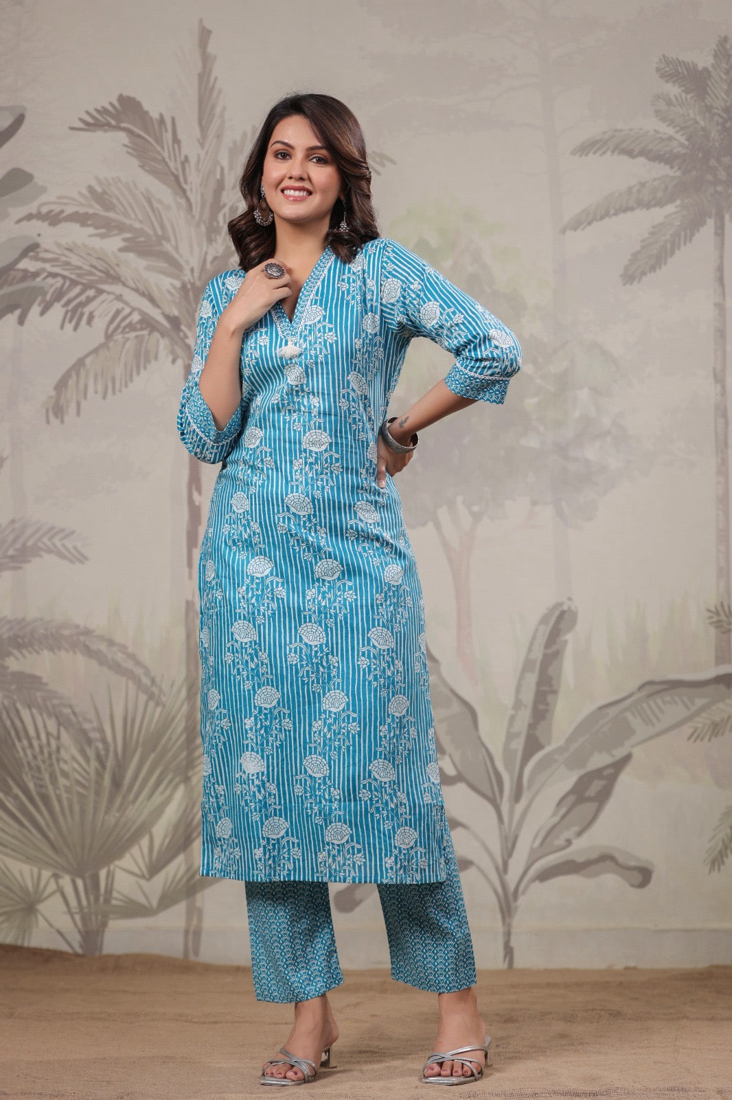 Pure Cotton Printed Kurta Pant Set for Women – Blue Daily Wear Suit Set, Sizes 38–46