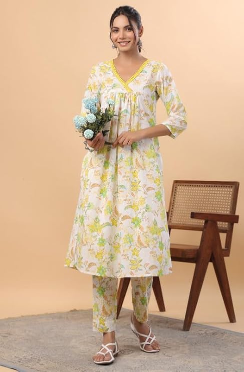 White Cotton Floral Printed A-Line Kurta Set