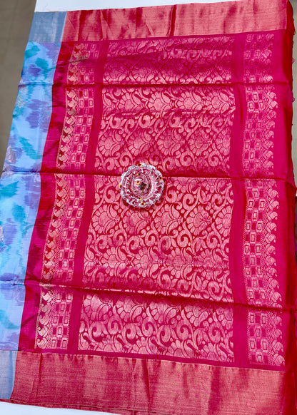Pochampalli Printed Silk Saree with Satin Border and Blouse – Powerloom Weave for Women